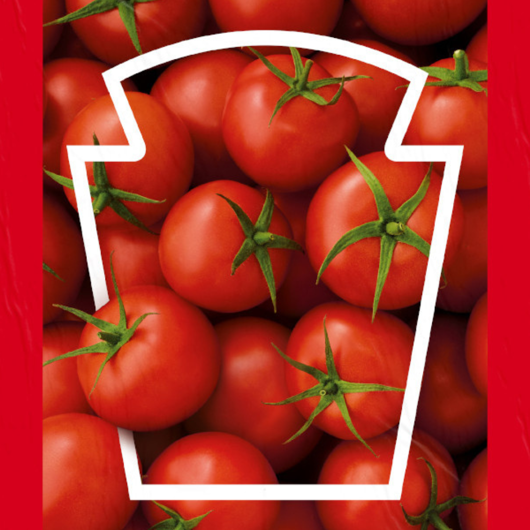 Heinz keystone label shape over tomatoes, without a logo