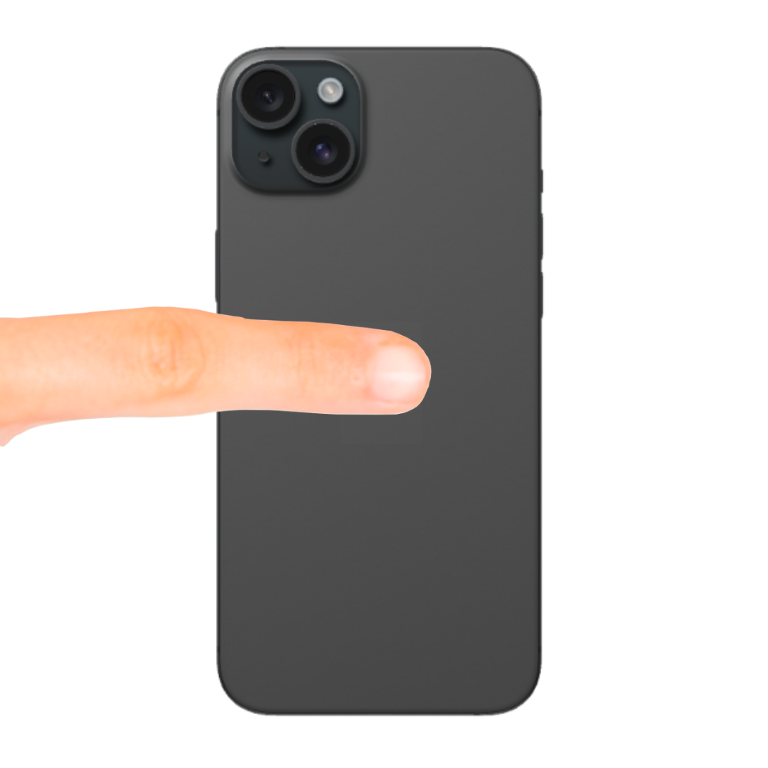 Back of an iPhone with the logo covered by a finger