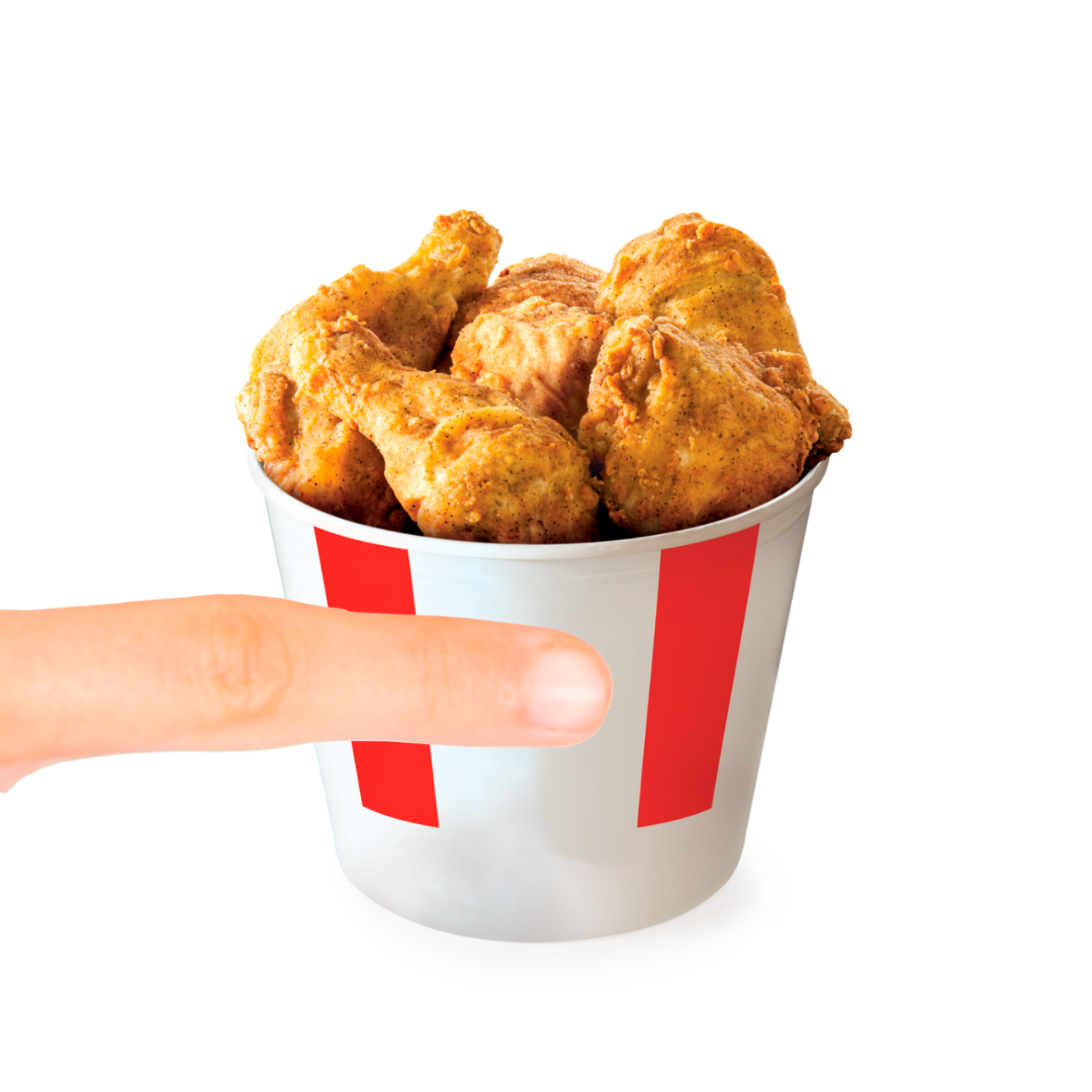 KFC bucket with the logo covered by a finger